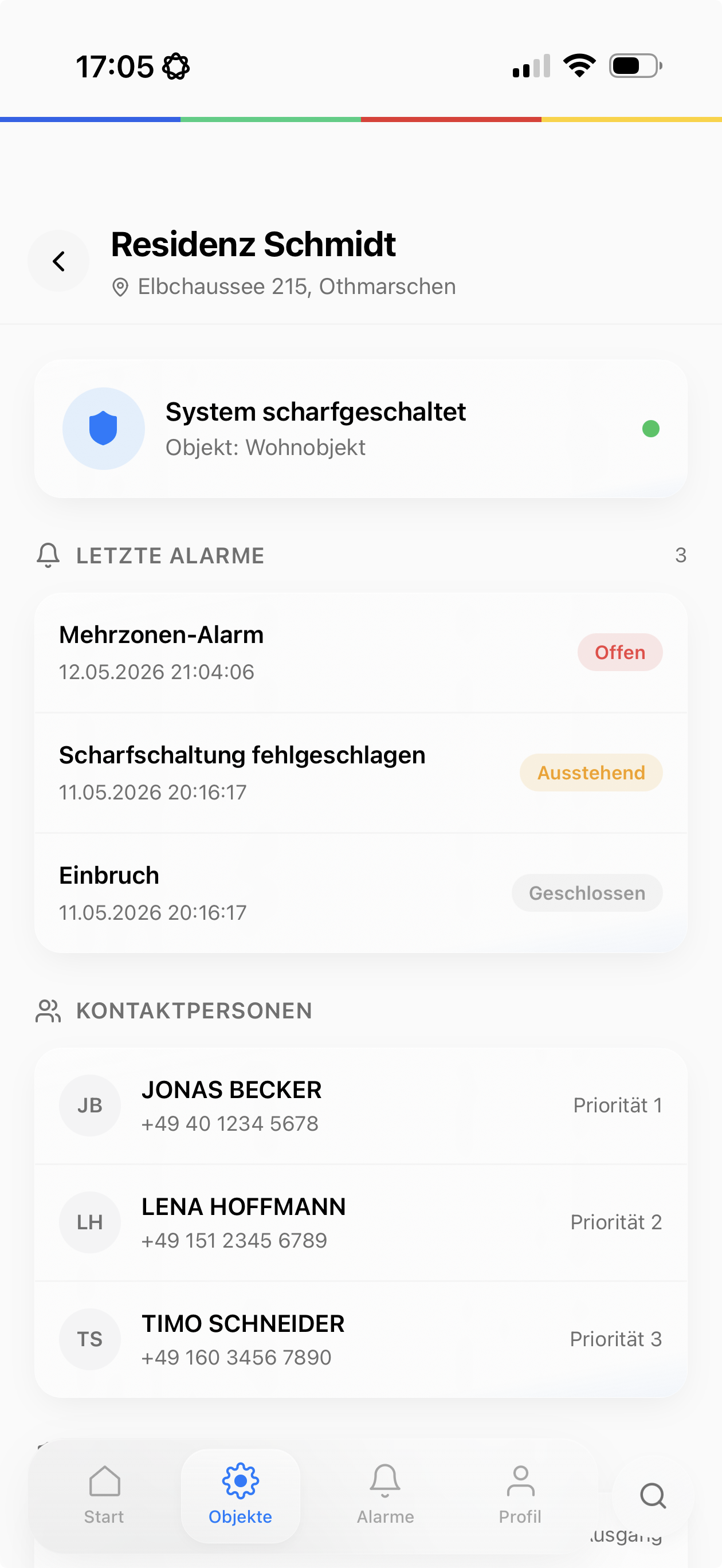 SEON Endkunden-App · Objekt-Status und Letzte Alarme