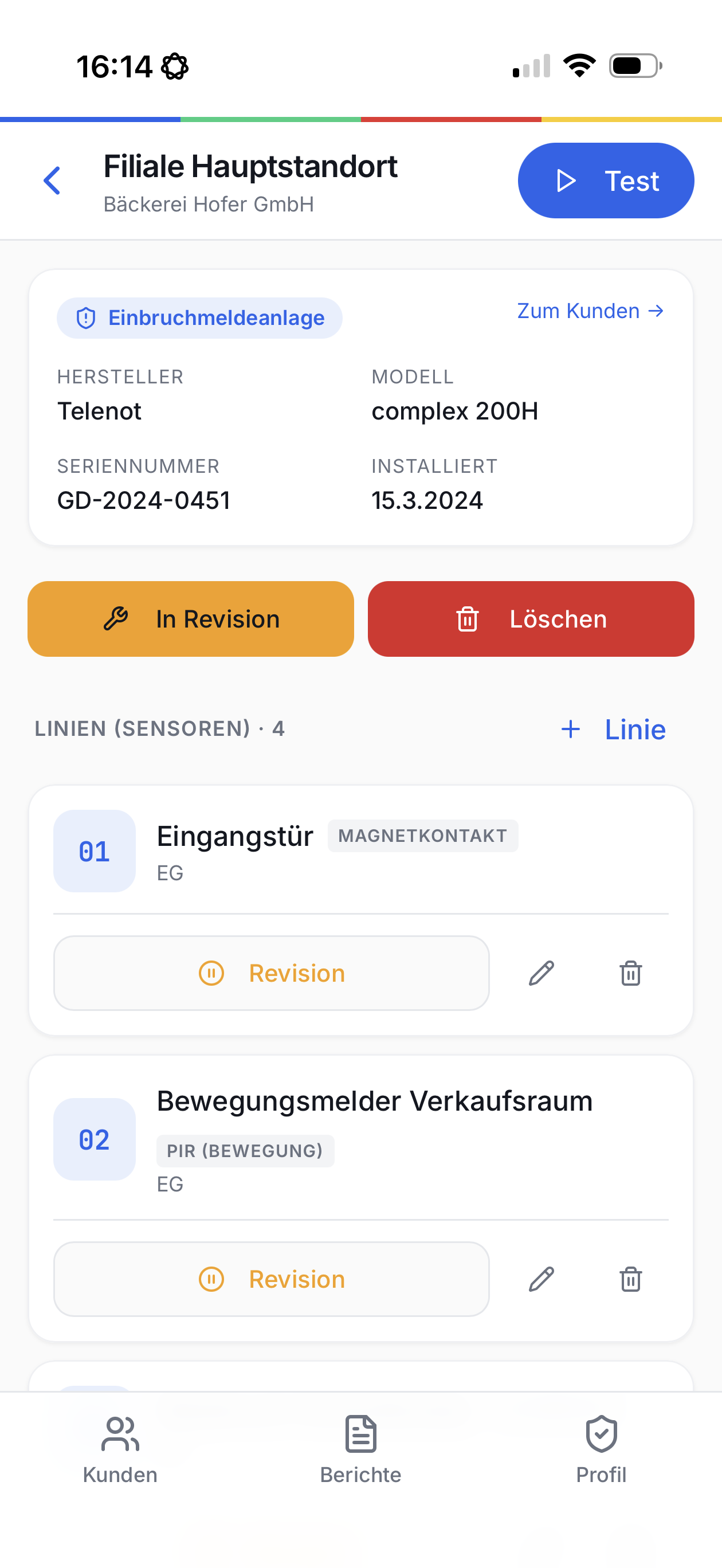 SEON Errichter-App · Anlagen-Detail mit Linien-Test