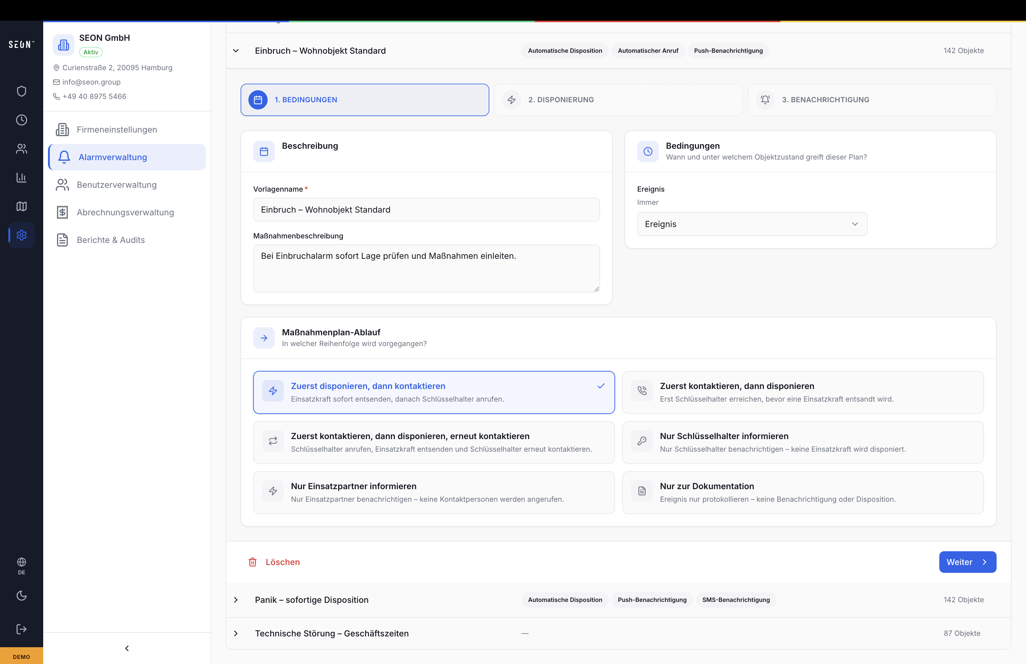 SEON Maßnahmenplan-Editor · Bedingungen, Disposition, Benachrichtigung